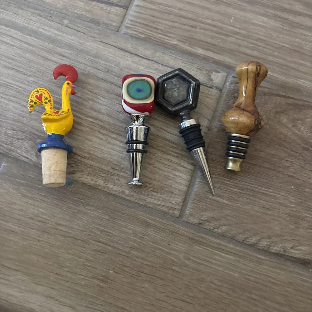 Wine/Liquor Lot of 4 Stoppers Metal Wooden Handblown Glass Ceramic Chicken